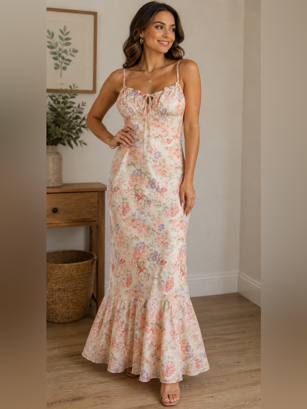Commense Floral/ Garden Romantic Slip Maxi Dress in Cream and Pink *Cottagecore